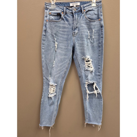 Almost Famous Denim - Womens 5 Almost Famous Vintage Distressed Straight Leg Jeans Raw Hem Wash W27.5